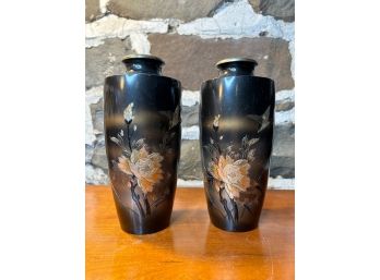 Pair Of  Vintage Mixed Metals Vase Japanese Chokin Vase With Birds And Trees
