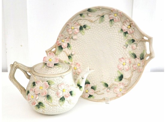Fitz And Floyd Dogwood Platter And Teapot
