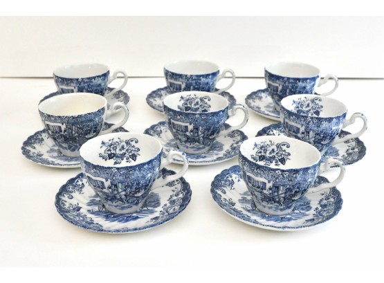 Johnson Bros Coaching Scenes Teacups Set Of 8 Blue And White