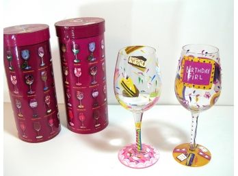 Hand Painted Wine Goblets Birthday Girl And Birthday Cake Set Of Two