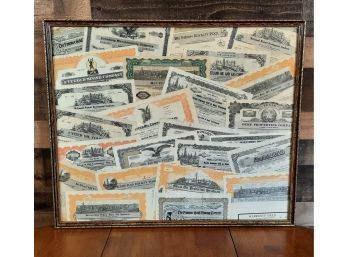 Framed Collage Of Antique Stock Certificates