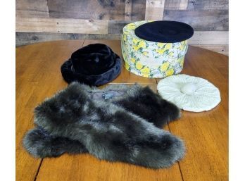 Vintage Hat Box With Hats And Faux Fur Stole