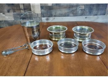 Wine Bottle Coasters And Ice Bucket With Tongs, Wood And Silverplate