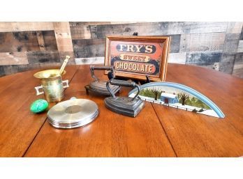 Antiques Lot, Brass Mortar And Pestle, Sad Irons, Advertising Sign And More