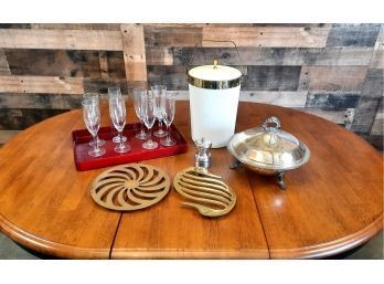 Party Ready Tray, Vintage Ice Bucket, Champagne Flutes, Brass Trivets, And More