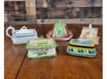 Antique Pottery Covered Cheese Plates And Pottery Boxes Collection