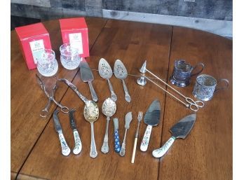 Serving Utensils And Royal Brierly Crystal Mustard Jars