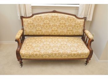 Antique Upholstered Settee With Carved Wood Frame