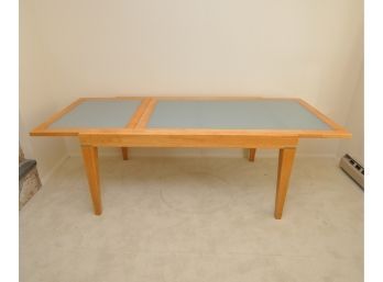 Blond Wood Expanding Table With Frosted Glass Top