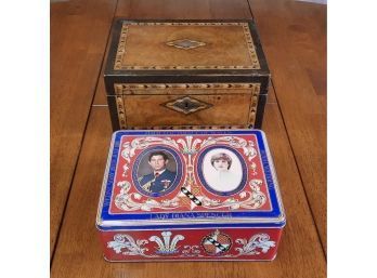 Burlwood Box And Charles And Diana Souvenir Tin Box
