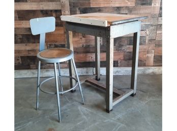 Industrial Drafting Table And Metal Stool