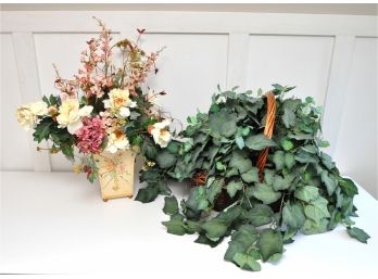 Floral Arrangement And Large Basket Of Faux Ivy