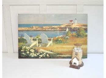 Seashore Canvas Print With Lighthouse Birdhouse