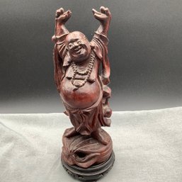 Carved Wood Standing, Smiling Buddha With Carved Rosewood Stand