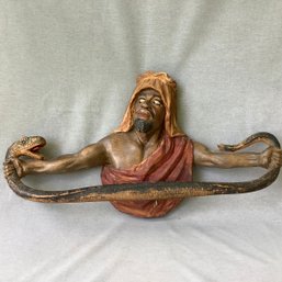 Victorian Era Antique Hand Carved Blackamoor Wooden Carving Of Snake Charmer, Rare