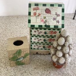 Wood Bird Tissue Holder, Egg Tree And Note Box With 3 Drawers And Top Hinged Lid
