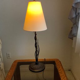 Iron Metal Table Lamp With Thin White Fabric Shade And Metal Leaf Accents