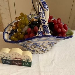 Andrea By Sadek Portugal Blue Weave Porcelain Basket, Faux Fruit And Wood Decor