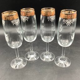 4 Etched Gold Rimmed Wine Glasses
