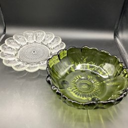 Vintage Indiana Green Glass Footed Bowl, Vintage Indiana Glass Hobnail Egg Plate