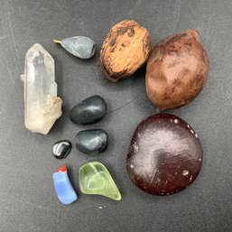 Crystal, Polished Stones Including Hematite, Lead Fishing Sinker, Nuts, Sea Heart Bean