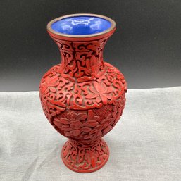 Authentic Chinese Carved Lacquer Cinnabar Vase With Blue Enamel Over Brass Interior