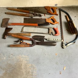 Yard Hand Tool Lot Including Saws, Trimmers, Axes
