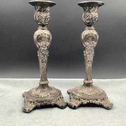 Antique Pair Of Wm Rogers & Sons Silver Plate Victoria Rose Candlesticks
