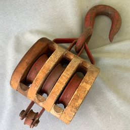 Antique Triple Block And Tackle Barn Pulley Red With Anvil Logo