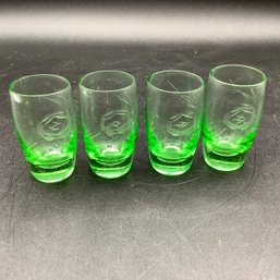 4 Vintage Etched Green Shot Glasses