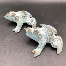 Pair Of Cast Iron Metal Frogs With Copper Patina