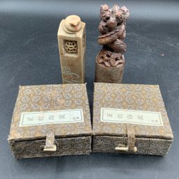 Oriental Hand Carved Marble And Soap Stone Stamps With Wax Containers