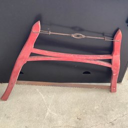 Antique Bow Saw, Red Painted Wood