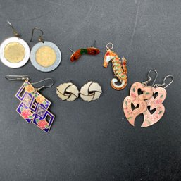5 Pair Of Earrings Including Enameled And A Reticulated Enameled Seahorse Charm
