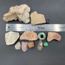 Lot Of 11 Rocks Including Botryoidal Quartz And One Gastropod Shell