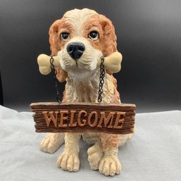 Lifelike Dog With Hanging Welcome Sign