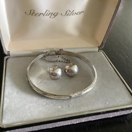 New Sterling Silver Earrings And Bangle Bracelet Jewelry Set With Gift Box