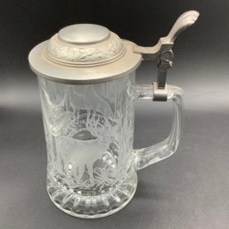 Glass Beer Stein With Etched Deer, Cabin And Trees / Pewter Lid.