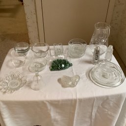 BIG Glass Lot, Plates, Salt And Pepper, Etched Glass Pitcher
