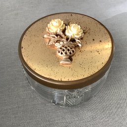 Vintage Lidded Vanity Jar With Porcelain And Brass Flower Bouquet On Lid