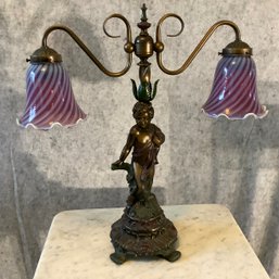Cold Painted Bronze Cherub Lamp With Swirled Shades