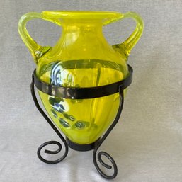 Large Art Glass Yellow Vase In Iron Stand