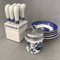 Blue Onion Lidded Sugar Bowl, 4 Buffalo China Bowls And Cheese Knife Set