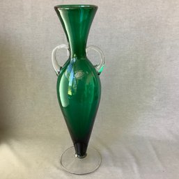 Blenko Large Green Vase With Clear Handles And Base
