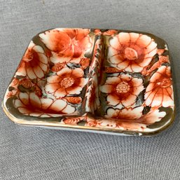 Divided Porcelain Trinket Dish With Coral Flowers And Gold Accents