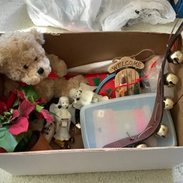 Mixed Christmas Lot Including Stuffed Bear, Ceramic Angels, Welcome Sign Sled, Bells And More