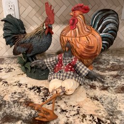 2 Large Roosters And A Casual Plaid Rooster
