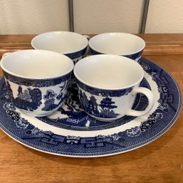 Johnson Brothers Willow Pattern Blue And White Porcelain Plate And 4 Cups, Made In England