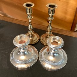 Two Sets Of Candlestick Holders, Baldwin Brass And English Silver Plate
