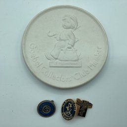 Hummel Goebel Collectors' Club Member Commemorative Plate, 3 M.I. Hummel Club Member Pins, 5, 10 & 15 Yr